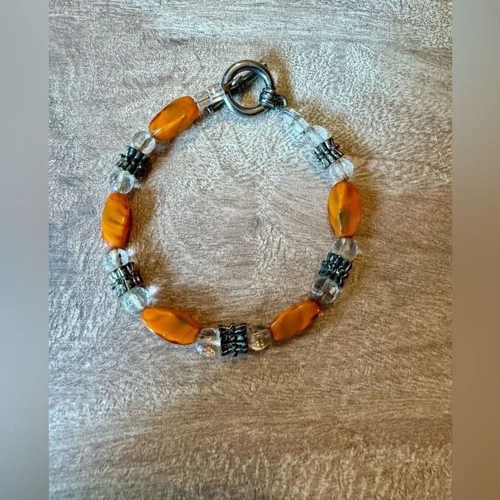 Orange Stone & Crystal Antique Silver Tone Bracelet Toggle Clasp Boho Fall
